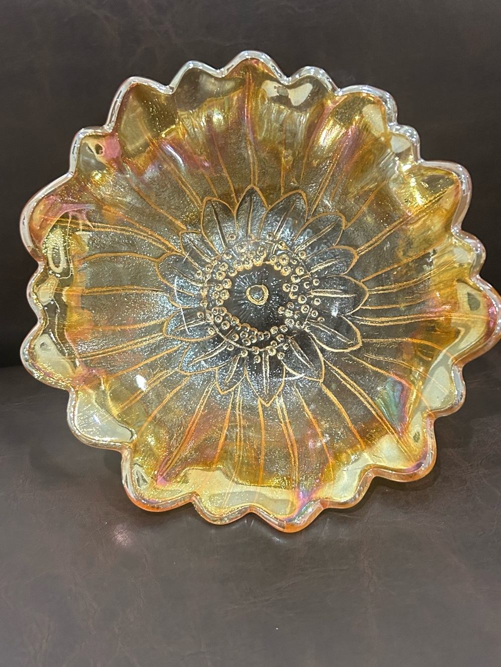 Indiana Glass iridescent Carnival orange marigold flower bowl 7in